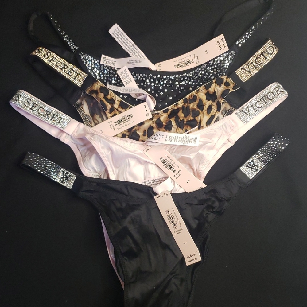 Victoria's Secret Black, Pink, Leopard & Rhinestone-Trim Thong Set
